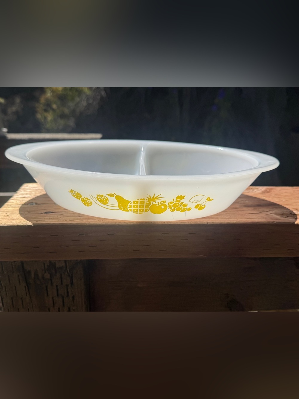 1950’s Glasbake Milk Glass Baking Dish with “Fruit Bounty” Design